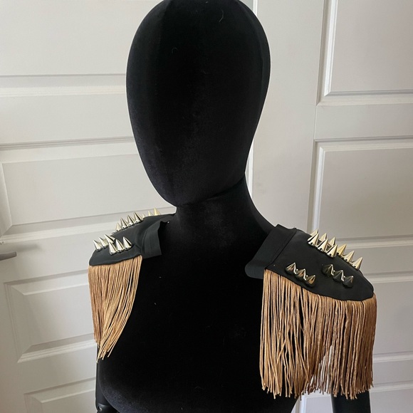 Accessories - Black Shoulder Pad with Gold Fringe and Spikes harness Rave Festival